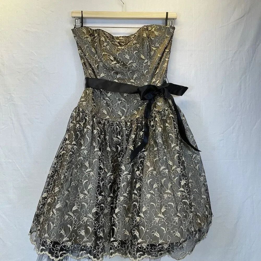 Jessica McClintock Gold Black Tulle Lace Strapless Party Prom Mini Dress Size 4